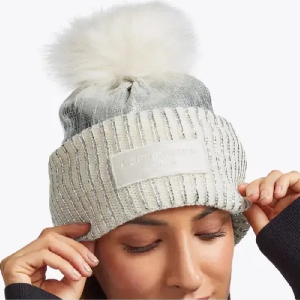 NWT Kurt Geiger London Metallic Rib Pom Beanie Cream & Silver Logo Patch Cuff
